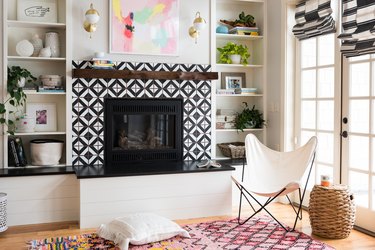 patterned tile fireplace surround