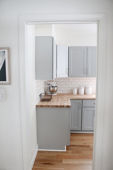 Wood kitchen countertop and wood flooring