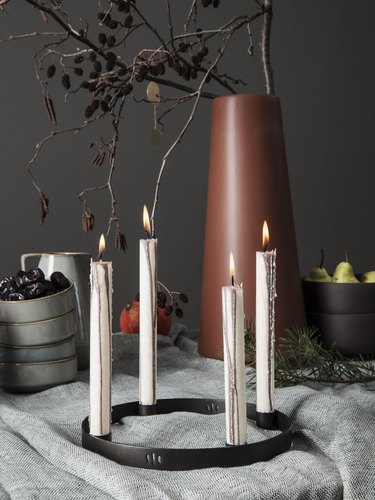 gray tablescape with candles for Christmas centerpiece