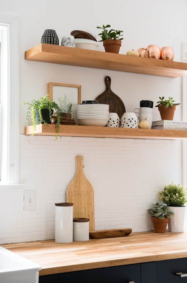 Wood kitchen countertop with wood open shelves