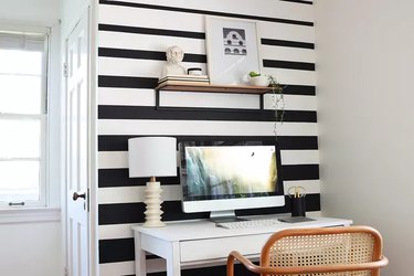 black and white office space with wall mural Home Office Ideas on a Budget