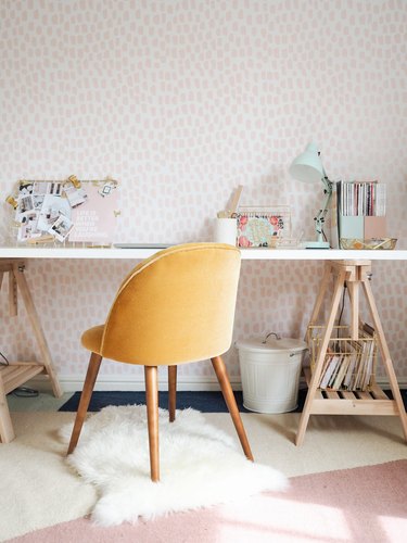 pink bohemain budget office with yellow chair Home Office Ideas on a Budget