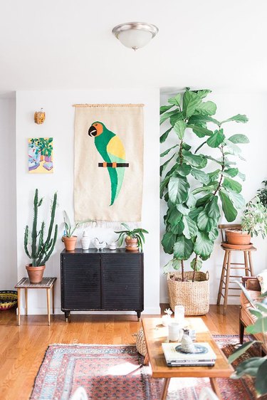 tropical living room with exotic bird tapestry