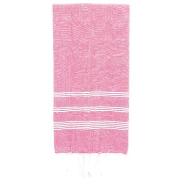Pink hand towel with white stripes and fringe