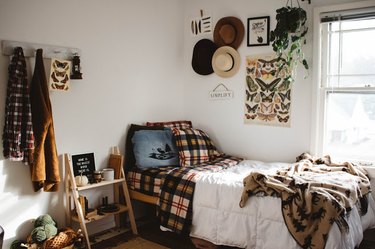 fall inspired bedroom decor with plaid bedding