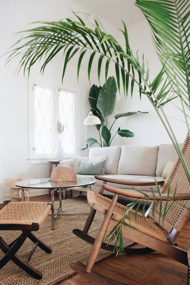 tropical living room with caned furniture