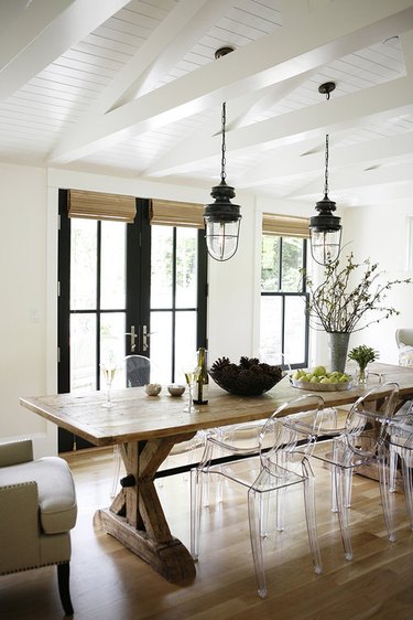 wooden table in modern farmhouse style dining room