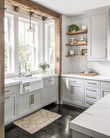 farmhouse kitchen with farmhouse sink and gray cabinets