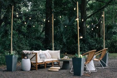 String pole lights in outdoor patio setting