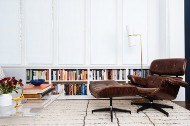 Home Office Built Ins in library with brown leather chair and ottoman