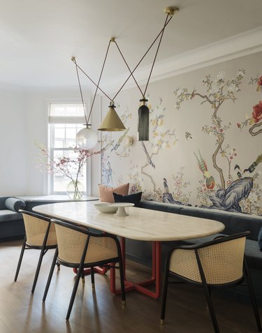 eclectic dining room wall idea with wallpaper mural featuring trees and flowers