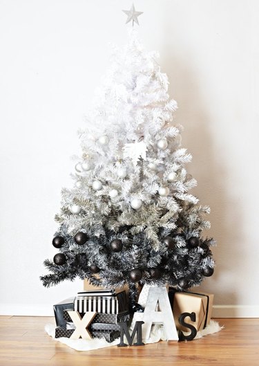 White Christmas Tree Ideas with White and black ombre Christmas tree with presents.