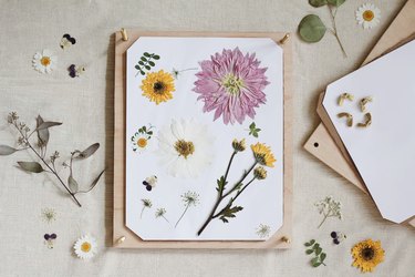 Wood homemade flower press with blooms