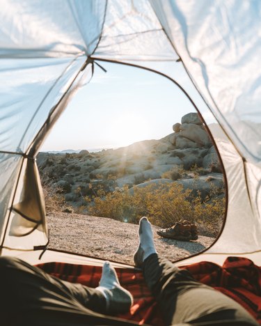 person in tent with view of nature