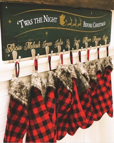 Rustic Christmas stocking holder with plaid stockins