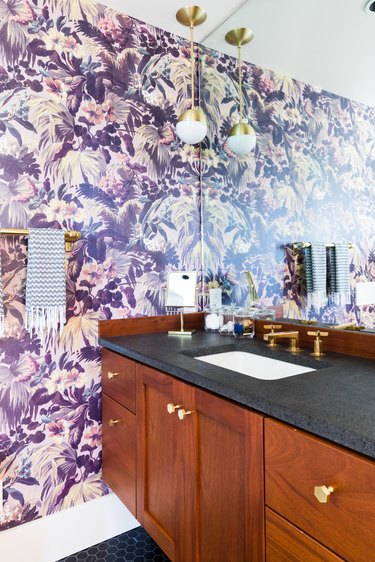 bathroom with purple wallpaper