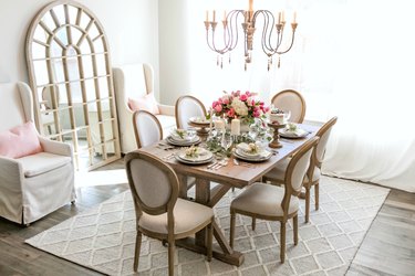 A French country dining room with greige walls