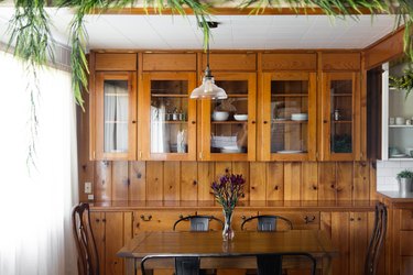 Wood built-in dining room shelves