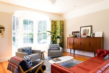 midcentury living room with bay window