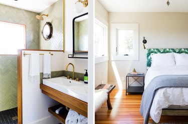 bedroom and bathroom with green tile