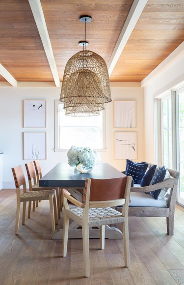 dining room design ideas with rectangular table and pendant lights are used to frame space