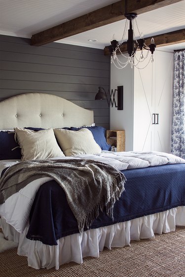 Gray paneled wall with a comofy bed with navy bedding