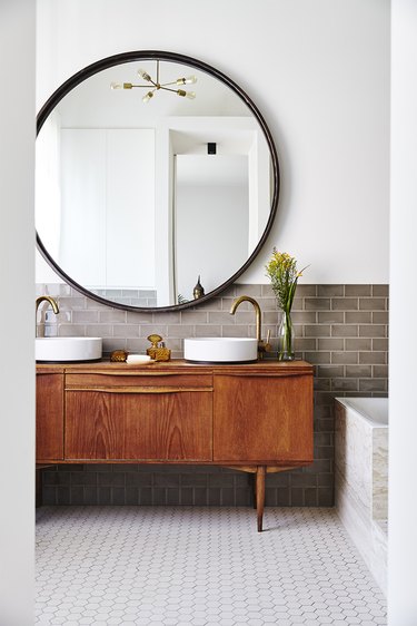 bathroom cabinet idea with vintage wood cabinet and vessel sinks