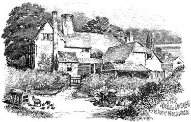 black and white illustration of a farmhouse style home