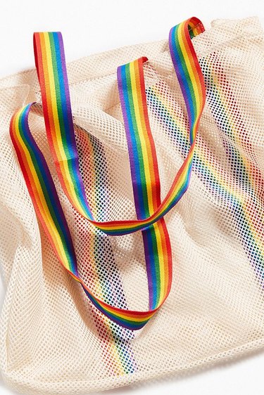 Rainbow straps on mesh tote bag
