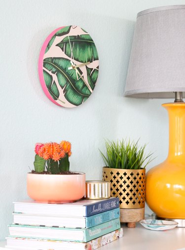 tropical wall clock covered in removable wallpaper