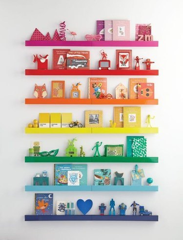 colorful wall ledges with toys