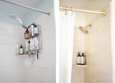 Before and after of bathroom shower head and shower curtain rod