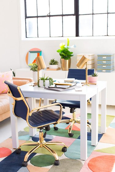 white contemporary office with colorful furniture