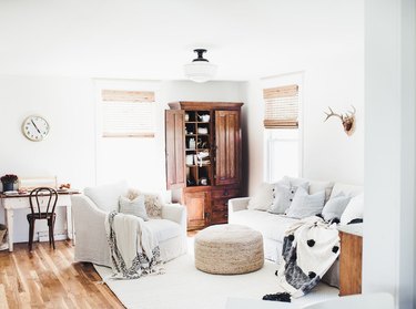 farmhouse living room lighting idea with white glass semi-flush mount