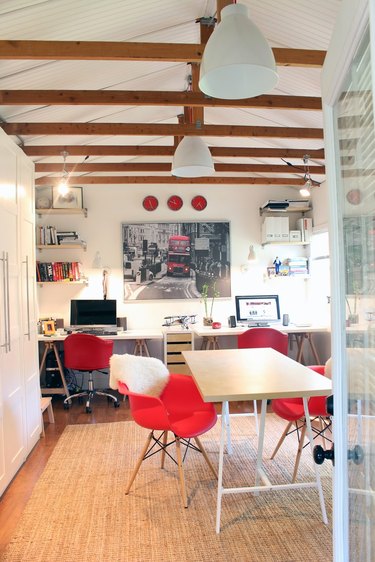 Small Garage Ideas as a Home office with exposed beams and desks