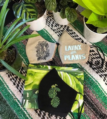 view of textile with plants and face masks