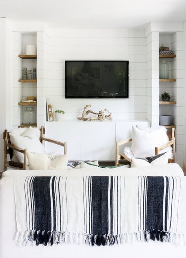 House Seven Design living room with shiplap walls