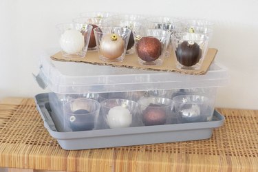 Ornaments stored and stacked inside plastic cups