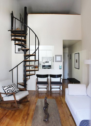 metal and wood spiral staircase for small space near living room