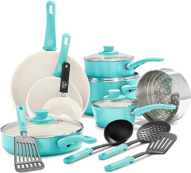 turquoise-colored ceramic pots and pans set
