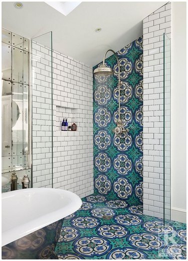 Blue and green tile up a shower wall