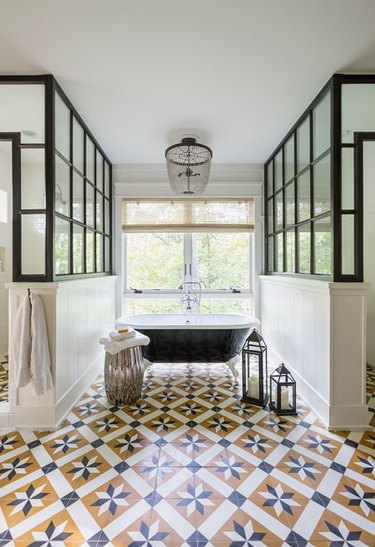 Yellow tiled bathroom