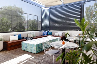 outdoor space with a turquoise table