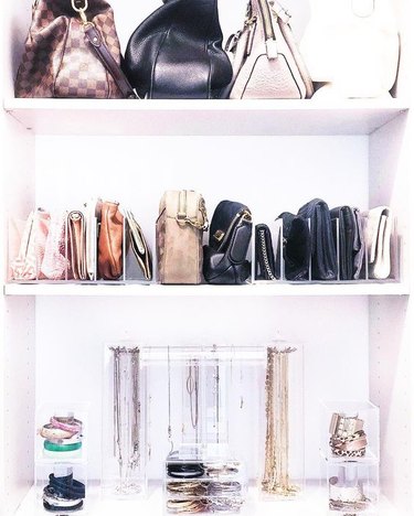 purse storage in closet with clear acrylic dividers