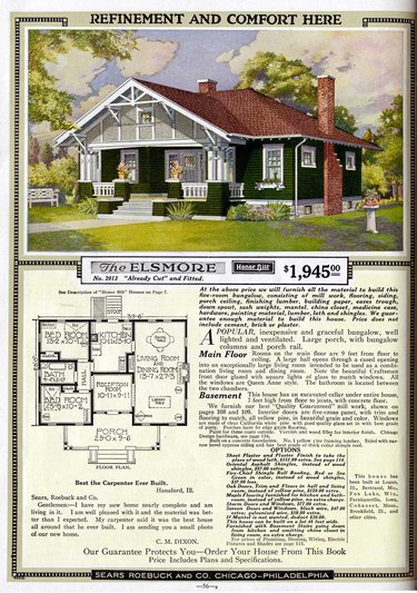 Sears Catalog color ad with Craftsman home, floor plan, and text