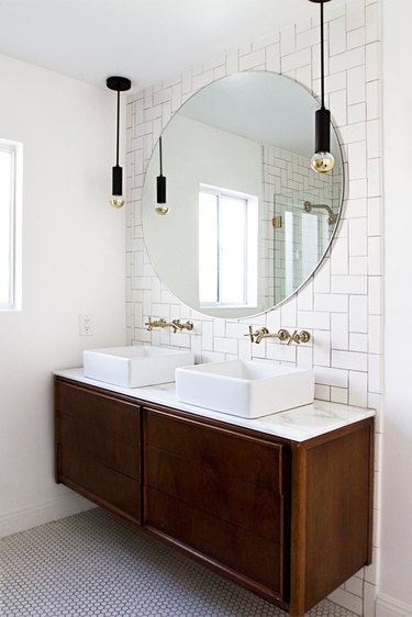 vintage vanity in marble bathroom