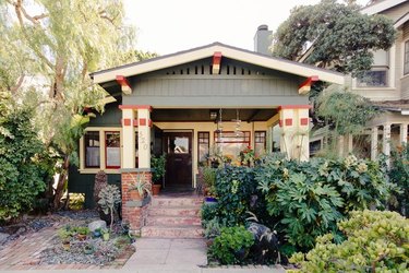 Craftsman-style door in green and yellow palette