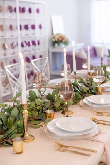 formal dining table setup with dinnerware and Estelle Colored Glass