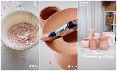 tiktok video showing how to make terracotta pot with baking soda and paint