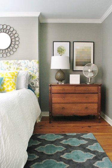moody griege bedroom color idea with yellow and blue accents  accent